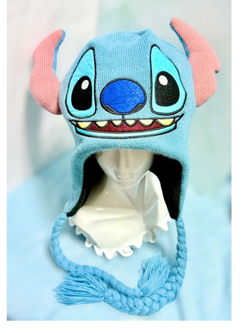 Disney Stitch Peruvian Beanie Hat Adult One Size 3D Ears Tassel Blue Winter